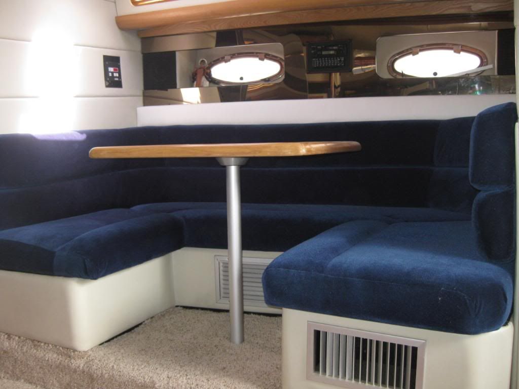 Boat cabin dinette upholstered in navy